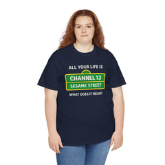 FUNNY T SHIRT  ALL YOUR LIFE IS CHANNEL 13 SESAME STREET WHAT DOES IT MEAN? MUSIC LYRICS. Unisex Heavy Cotton Tee