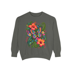Floral Butterfly Sweatshirt — Tropical Hibiscus Garden Crewneck