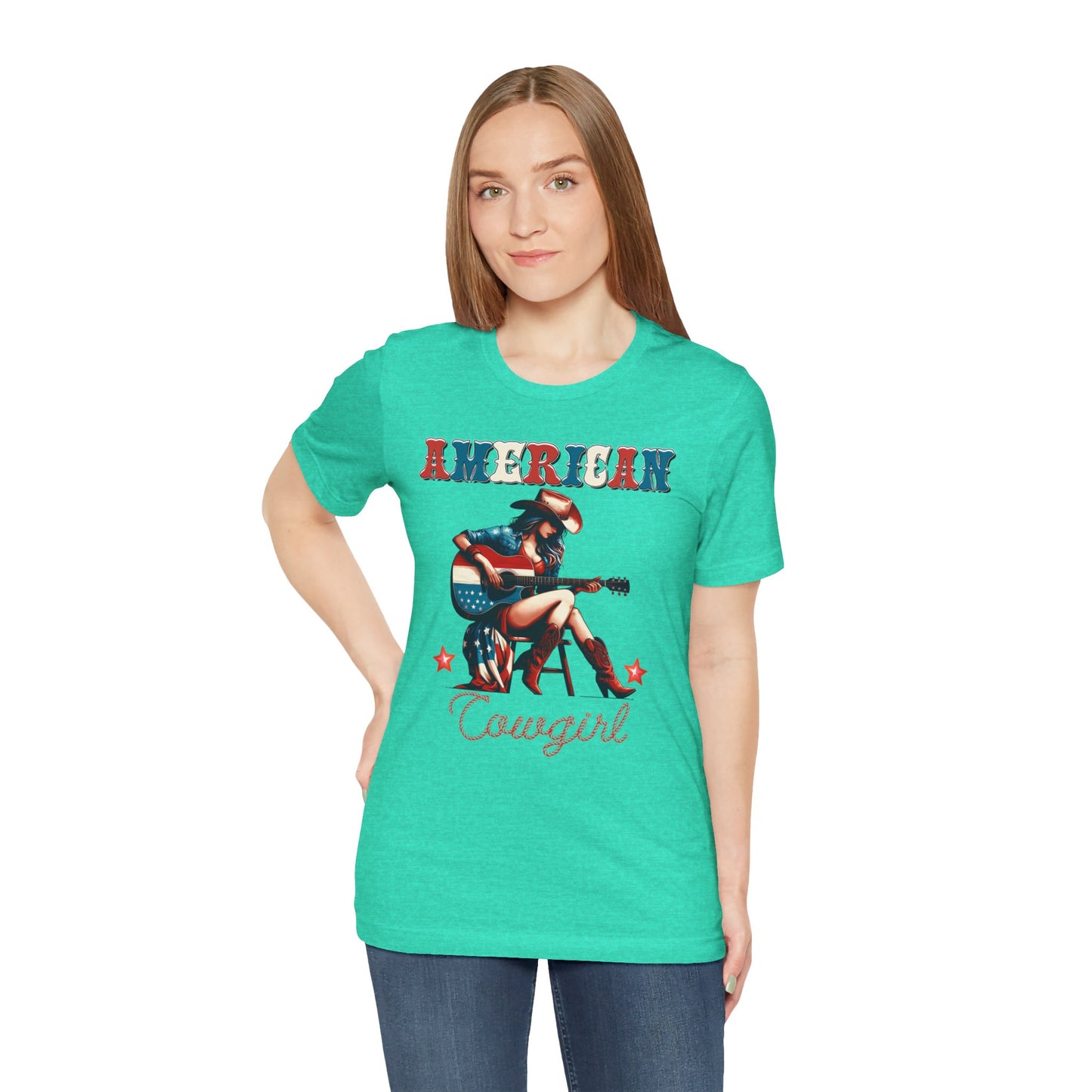 American Cowgirl, Playing Guitar Graphic, Unisex Jersey Short Sleeve Tee