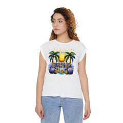 Sunset Chaser graphic tee, womens graphic tee, flowy muscle tee, rolled cuffs shirt, women's shirt, summer t-shirt, camping shirt, outdoor apparel, adventure clothing, nature lover gift, gift for camper, hiking t-shirt, wanderlust apparel.