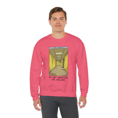 Crewneck Sweatshirt "Do Not Question the Hallway" – Retro Yellow Corridor Graphic