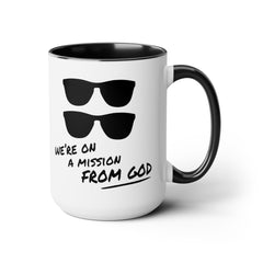 Funny Movie Quote Mug, We're On A Mission From God, Blues Brothers Movie, Cheap Sunglasses, Novelty Gift, 80s Movie Mug, Two Tone Mug 15 oz.