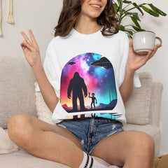 Bigfoot & Alien Nightscape T-Shirt — Sasquatch UFO Graphic Tee