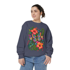 Floral Butterfly Sweatshirt — Tropical Hibiscus Garden Crewneck