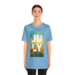July Sunflower T‑Shirt – Summer Graphic Tee with 'JULY' Text