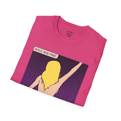 WILD AND FREE Pop Art Blonde Hair Girl with denim shorts and no top Unisex Softstyle T Shirt