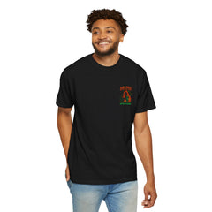 After Dark Collection Arches National Park Unisex Garment Dyed Adventure Tee, Shadow Walker, Alien and Bear with a map campfire scene