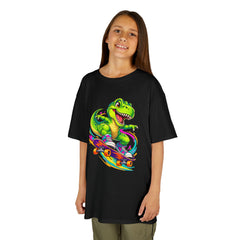 Kids Skateboarding T‑Rex Tee — Neon Dino Skateboard Shirt for Boys & Girls