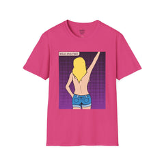 WILD AND FREE Pop Art Blonde Hair Girl with denim shorts and no top Unisex Softstyle T Shirt