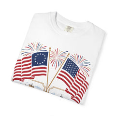 250 Years of Liberty T-Shirt — Patriotic American Flag & Historic Ship Design