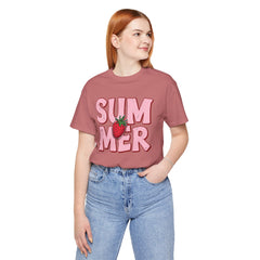 Summer Strawberry T-Shirt — Cute Pink Graphic Tee with Strawberry "SUMMER" Design