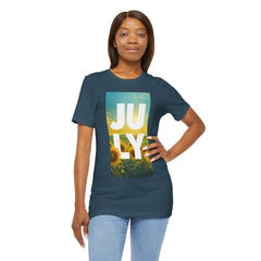 July Sunflower T‑Shirt – Summer Graphic Tee with 'JULY' Text