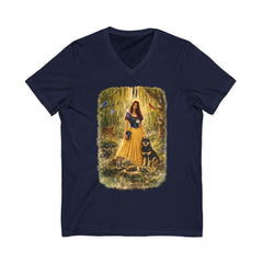 Forest Maiden V-Neck Tee — Woman with Dog & Nature Illustration