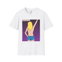 WILD AND FREE Pop Art Blonde Hair Girl with denim shorts and no top Unisex Softstyle T Shirt