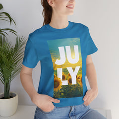 July Sunflower T‑Shirt – Summer Graphic Tee with 'JULY' Text
