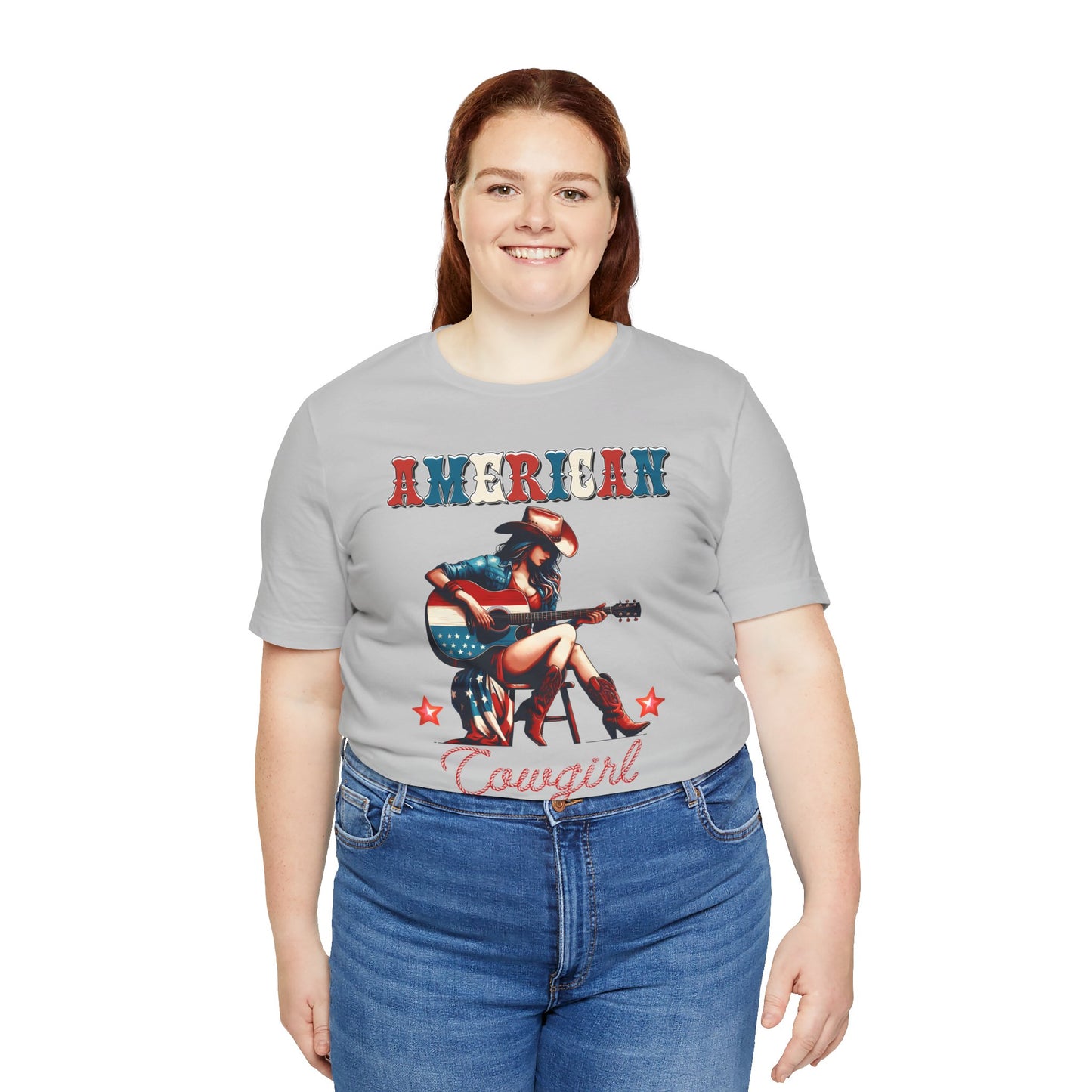 American Cowgirl, Playing Guitar Graphic, Unisex Jersey Short Sleeve Tee