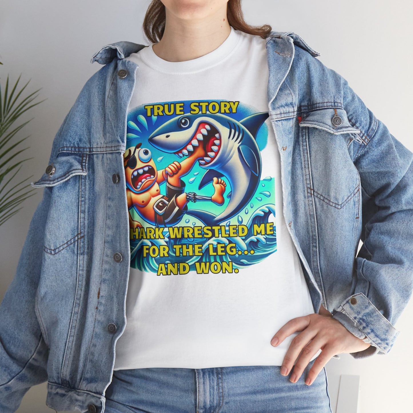 Amputee Humor True Story Shark Wrestled Me For The Leg, And Won - Unisex Heavy Cotton Tee