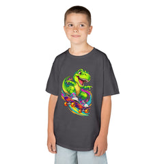 Kids Skateboarding T‑Rex Tee — Neon Dino Skateboard Shirt for Boys & Girls