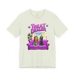 Personalized Treat Dealer T-Shirt — Funny Pet Lover Tee with Girl and Dog on Purple Couch