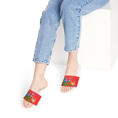 Russell Sage College Mascot Characters Graphic Women's Summer Slide Sandals -  Purple Cow, Red Devil, Golden Horseshoe, Blue Angel