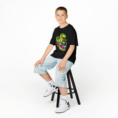 Kids Skateboarding T‑Rex Tee — Neon Dino Skateboard Shirt for Boys & Girls