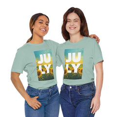 July Sunflower T‑Shirt – Summer Graphic Tee with 'JULY' Text