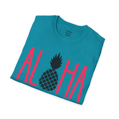 ALOHA with A PineApple Center Unisex Softstyle T-Shirt  Hawaii is so overrated. Grab a T Shirt and a PinaColada instead.