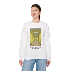 Crewneck Sweatshirt "Do Not Question the Hallway" – Retro Yellow Corridor Graphic
