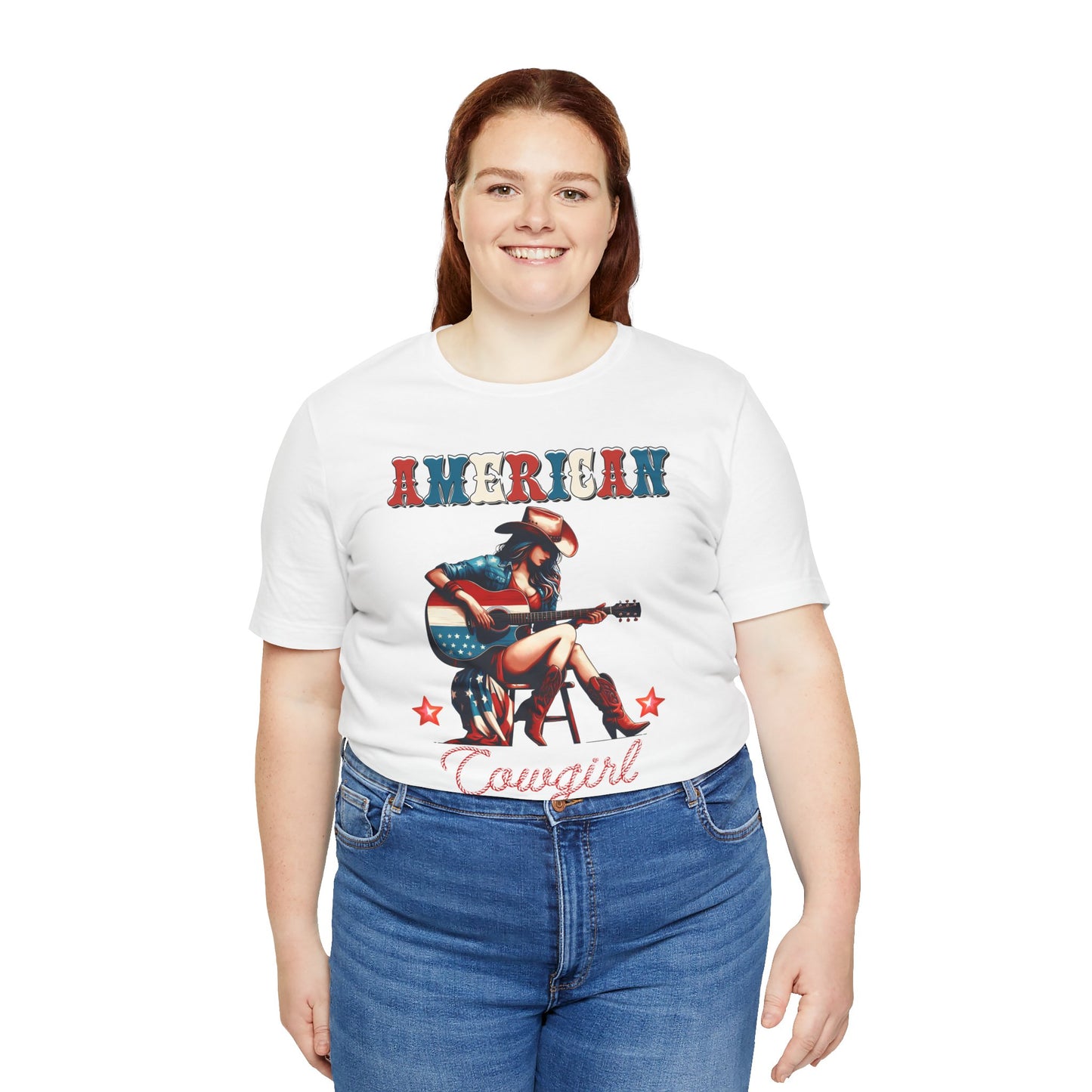 American Cowgirl, Playing Guitar Graphic, Unisex Jersey Short Sleeve Tee