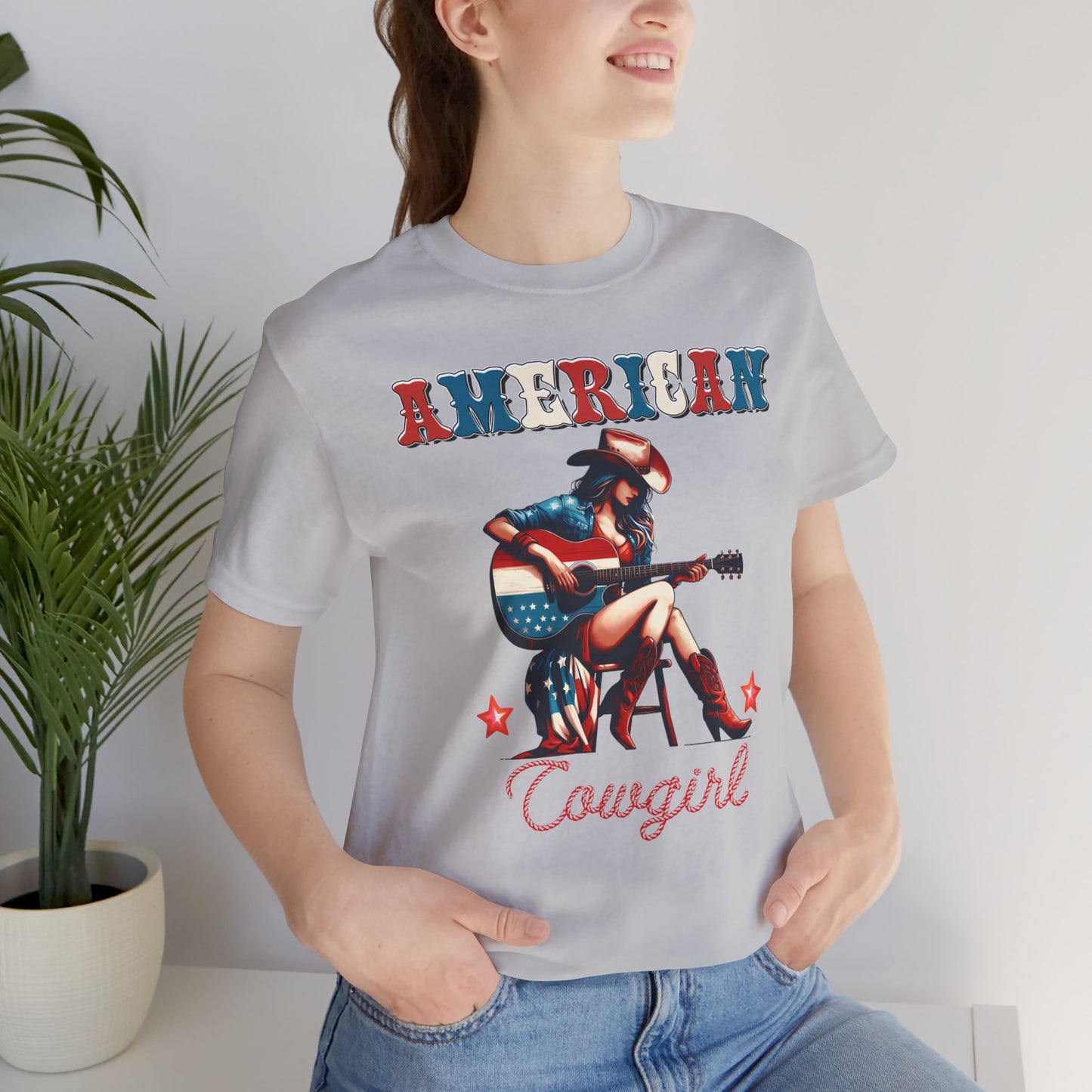 American Cowgirl, Playing Guitar Graphic, Unisex Jersey Short Sleeve Tee