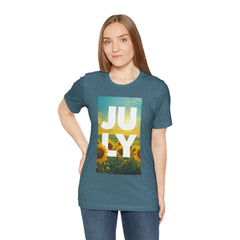 July Sunflower T‑Shirt – Summer Graphic Tee with 'JULY' Text