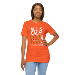 All Is Calm — Funny Gingerbread & Snowman Christmas T‑Shirt (Kidding, This Is Kindergarten)
