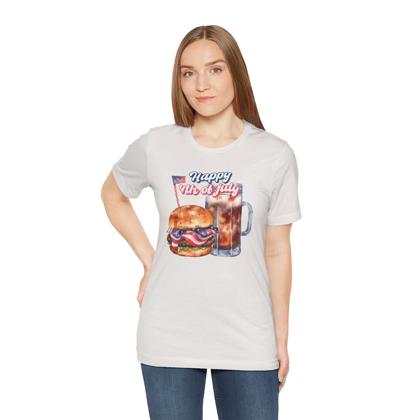 Happy 4th Of July Burger and Mug Graphic, Unisex Jersey Short Sleeve Tee