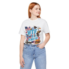 WTF Is A Kilometer? Patriotic Graphic Tee - Funny USA Eagle Burger Design