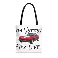 I'm Vetted For Life! / Tote Bag (AOP) / for him / for her / collector car / Chevrolet Corvette / Chevy / Little RED Corvette /