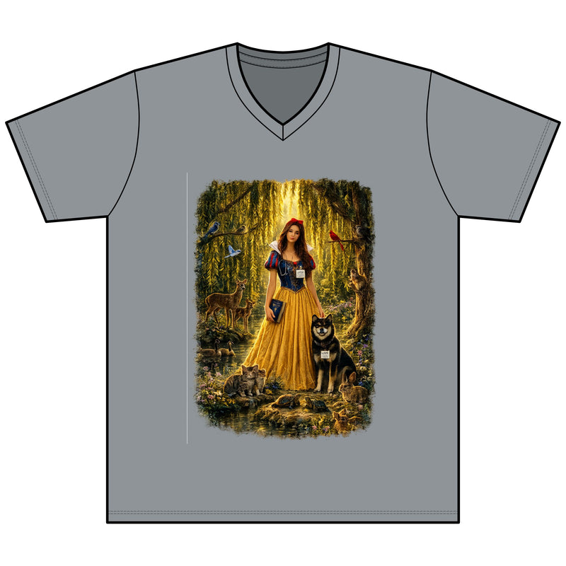 Fairy Tale Forest Portrait  V-Neck Tee — Woman with forest animals graphics