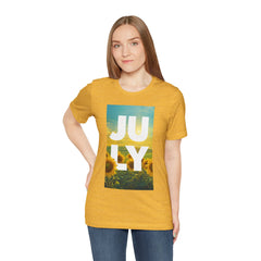 July Sunflower T‑Shirt – Summer Graphic Tee with 'JULY' Text