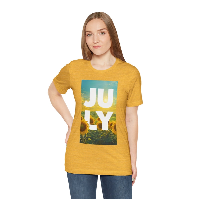 July Sunflower T‑Shirt – Summer Graphic Tee with 'JULY' Text
