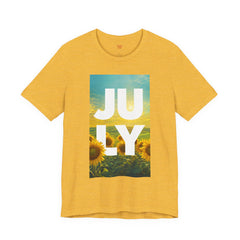 July Sunflower T‑Shirt – Summer Graphic Tee with 'JULY' Text