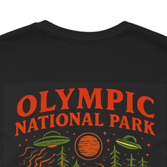 Funny Eerie Adventure Unisex Tee - Olympic National Park Camping Shirt, Bigfoot, Aliens and Bears by the Campfire