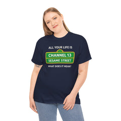 FUNNY T SHIRT  ALL YOUR LIFE IS CHANNEL 13 SESAME STREET WHAT DOES IT MEAN? MUSIC LYRICS. Unisex Heavy Cotton Tee