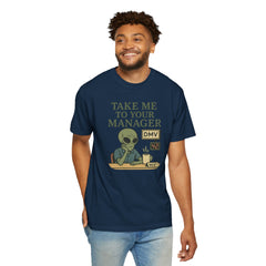 Humorous Alien Manager T-Shirt, Funny Graphic Tee, Unisex Casual Wear, Gift for Work, Quirky T-Shirt, DMV Humor Shirt