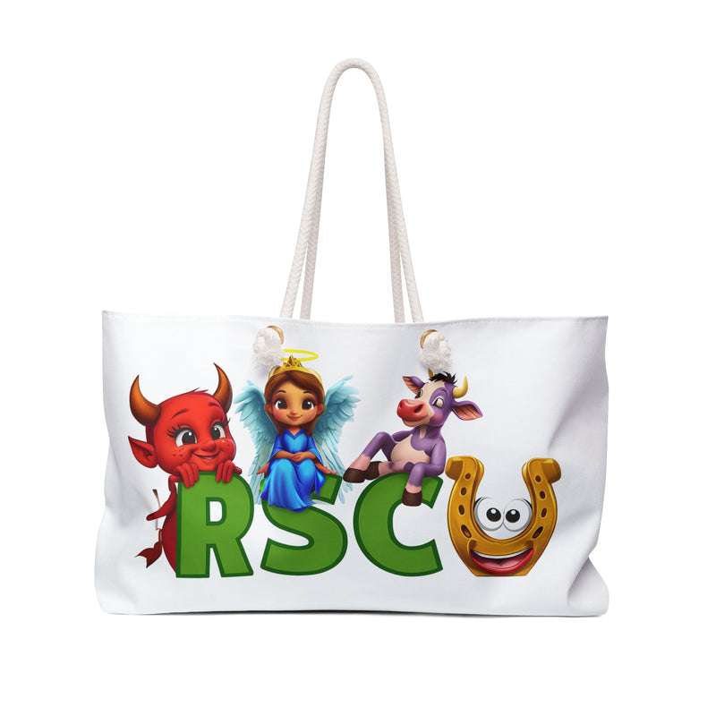 Russell Sage College Mascots Themed Weekender Bag - Red Devil, Blue Angel, Purple Cow, Golden Horseshoe