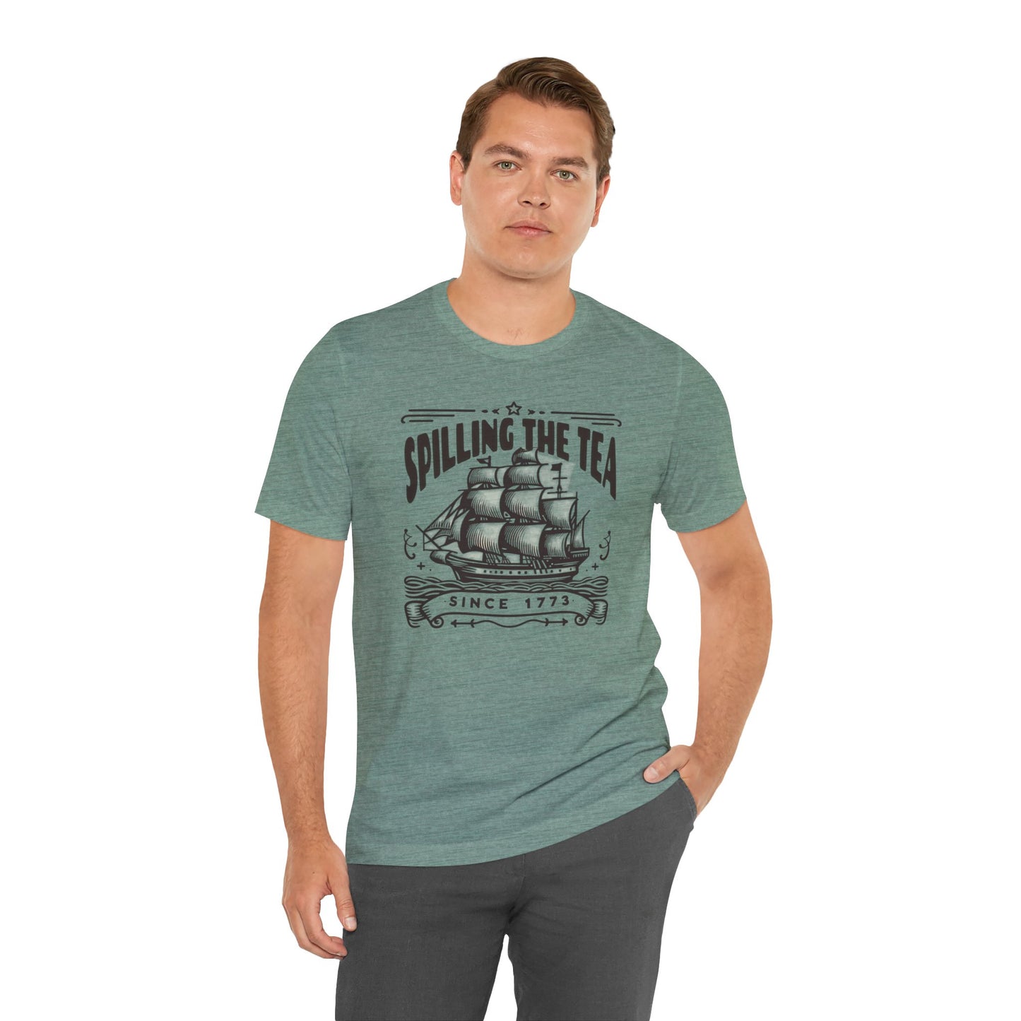 Spilling The Tea Since 1773, Sailing Ship Graphic, Unisex Jersey Short Sleeve Tee