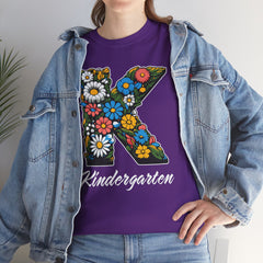 Kindergarten Floral Letter Tee, Kids Birthday Gift, Teacher Appreciation Shirt, Spring Celebration Tee, Unisex Cotton Tee