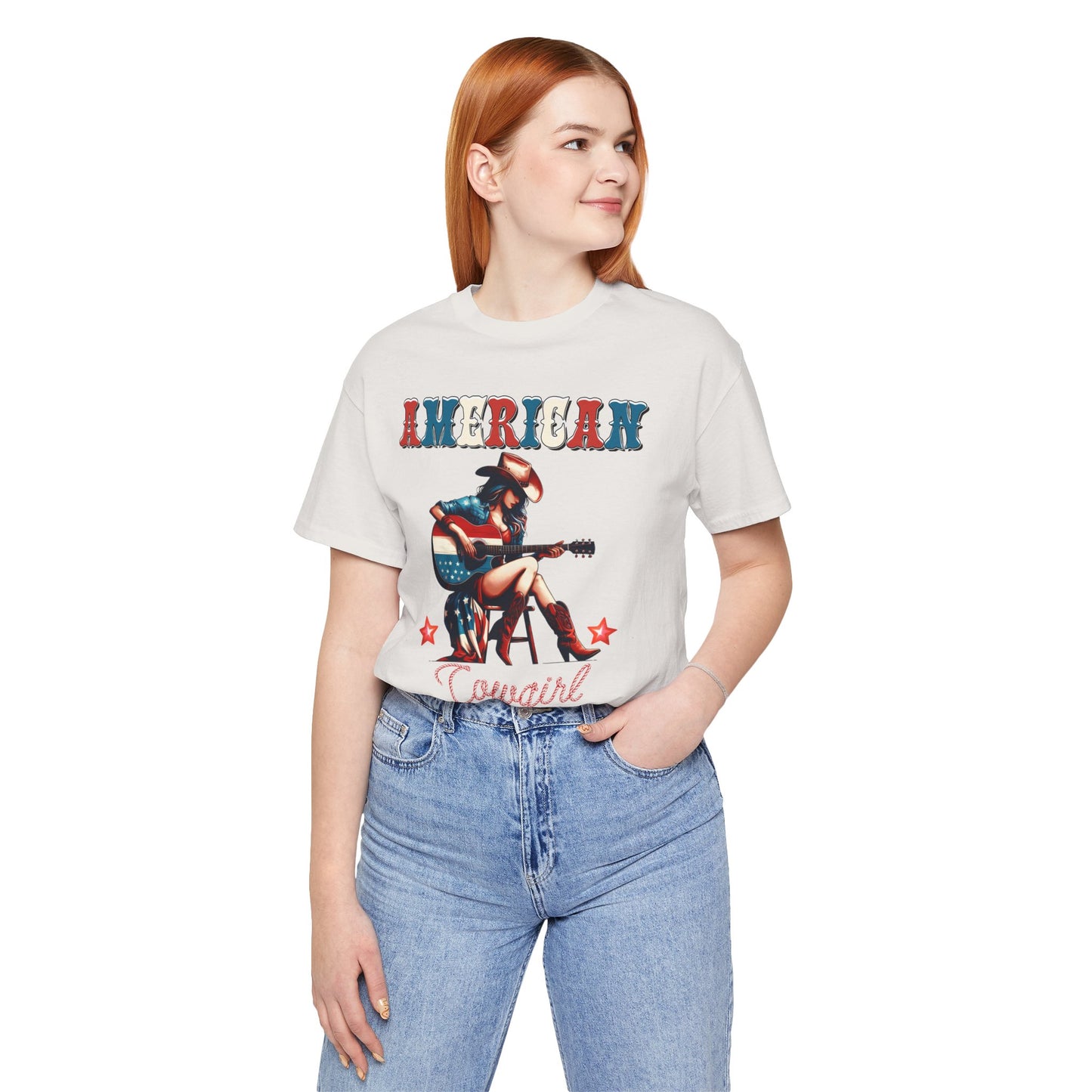 American Cowgirl, Playing Guitar Graphic, Unisex Jersey Short Sleeve Tee