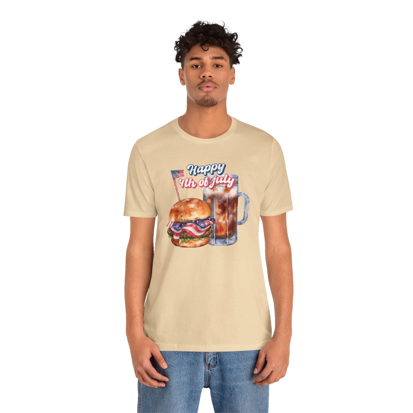 Happy 4th Of July Burger and Mug Graphic, Unisex Jersey Short Sleeve Tee