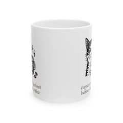 Espresso yourself, just not before I've had my coffee. - Ceramic Mug 11oz / Cat making a 'shh' gesture with one paw / paw holds a coffee mug
