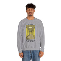 Crewneck Sweatshirt "Do Not Question the Hallway" – Retro Yellow Corridor Graphic