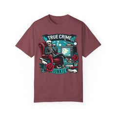 True crime junkie tshirt, vintage style tee, skeleton graphic tee, relaxed fit tee, crime lover, mystery lover, stylish tshirt for her/him.